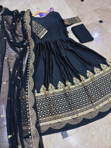 Medium Heavy Sequence Embroidered Maxi 3 Piece – Shamoze Silk with Chiffon Dupatta