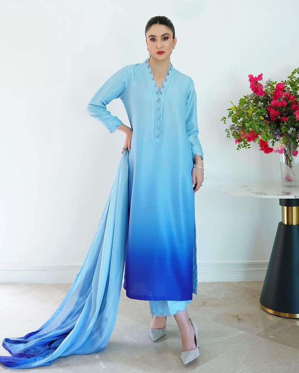 Standard Digital Printed Swiss Lawn 2 Piece – Long Shirt with Flapper Trouser