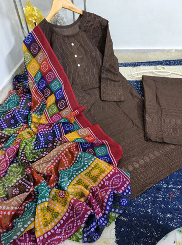 Standard Heavy Sequence Embroidered Chicken Kari 3 Piece – Soft Cotton with Chundri Dupatta
