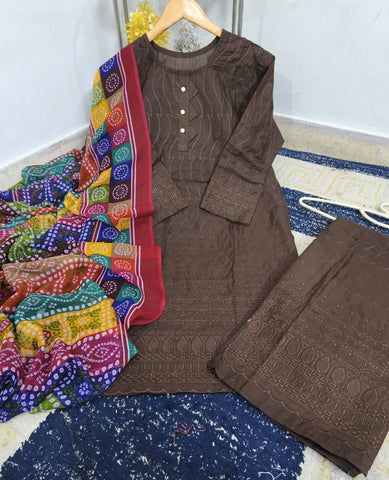Standard Heavy Sequence Embroidered Chicken Kari 3 Piece – Soft Cotton with Chundri Dupatta