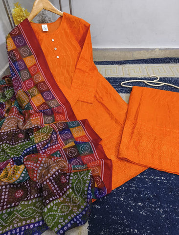 Standard Heavy Sequence Embroidered Chicken Kari 3 Piece – Soft Cotton with Chundri Dupatta
