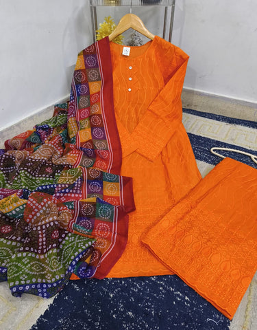 Standard Heavy Sequence Embroidered Chicken Kari 3 Piece – Soft Cotton with Chundri Dupatta