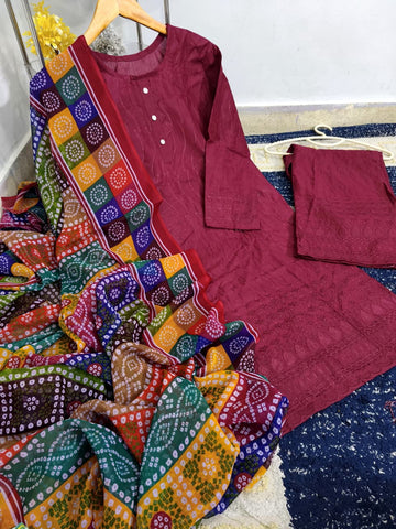 Standard Heavy Sequence Embroidered Chicken Kari 3 Piece – Soft Cotton with Chundri Dupatta