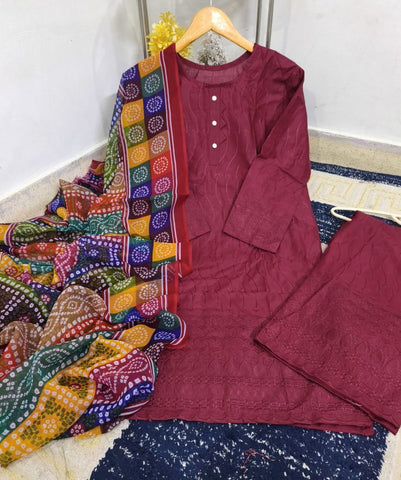 Standard Heavy Sequence Embroidered Chicken Kari 3 Piece – Soft Cotton with Chundri Dupatta