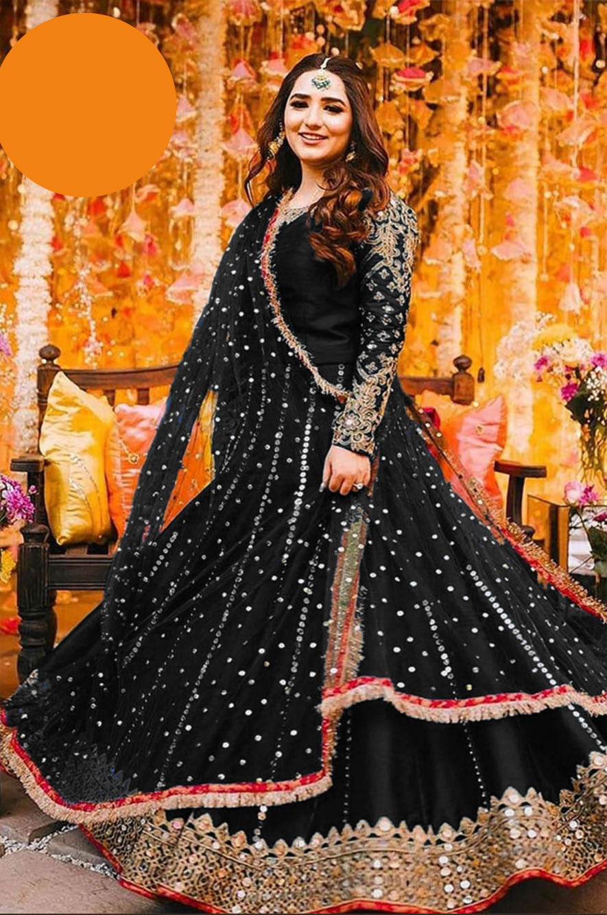 Medium Heavy Embroidered Mirror Work Maxi 3 Piece – Silk with Lace Dupatta
