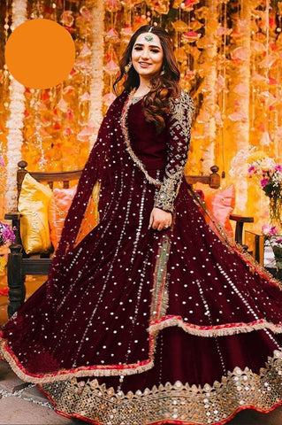 Medium Heavy Embroidered Mirror Work Maxi 3 Piece – Silk with Lace Dupatta