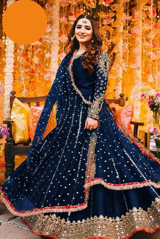 Medium Heavy Embroidered Mirror Work Maxi 3 Piece – Silk with Lace Dupatta