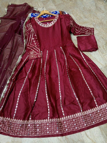Medium Heavy Embroidered Mirror Work Maxi 3 Piece – Silk with Lace Dupatta