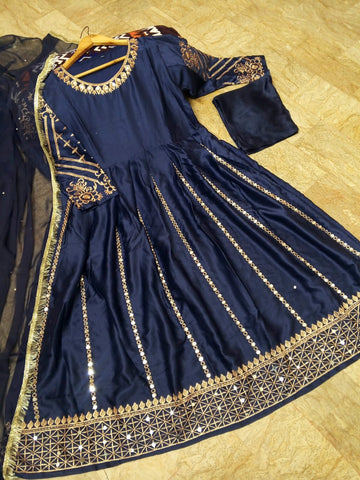 Medium Heavy Embroidered Mirror Work Maxi 3 Piece – Silk with Lace Dupatta
