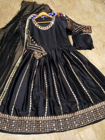 Medium Heavy Embroidered Mirror Work Maxi 3 Piece – Silk with Lace Dupatta
