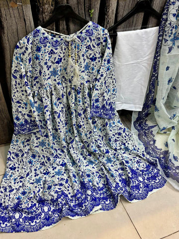 Stitched Collection Digital Printed Doria Lawn Frock 3Pc Dress with Dupatta Premium Summer Outfit