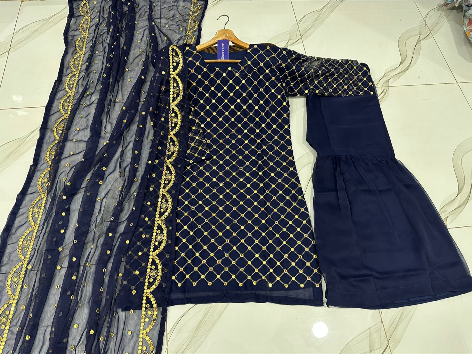Women 9mm sequence embroidered chiffon shirt with garara and cut work dupatta 3 piece stitched suit