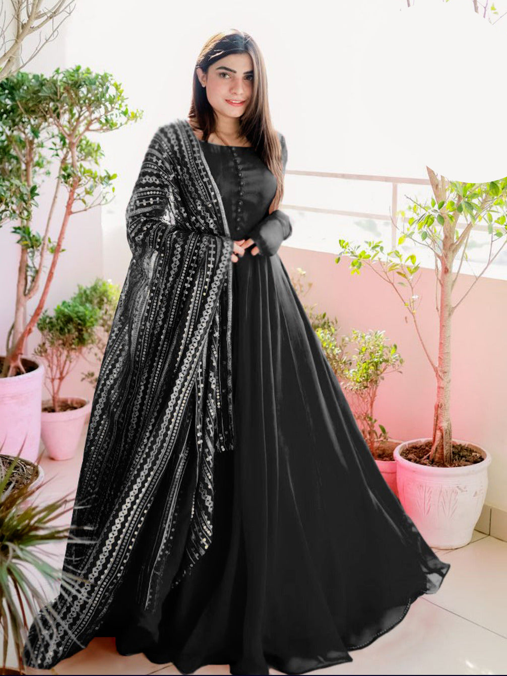 Women long flare chiffon maxi with handmade button kalli work and fully embroidered dupatta 3 piece stitched suit