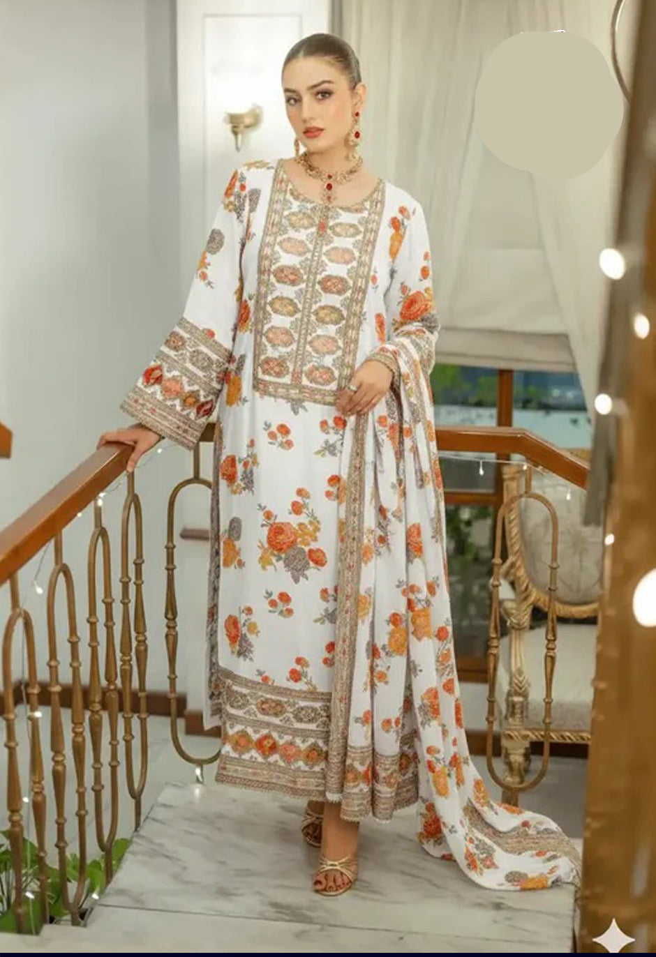 Women multi patched embroidered long shirt suit with printed flapper and digital dupatta 3 piece stitched dress