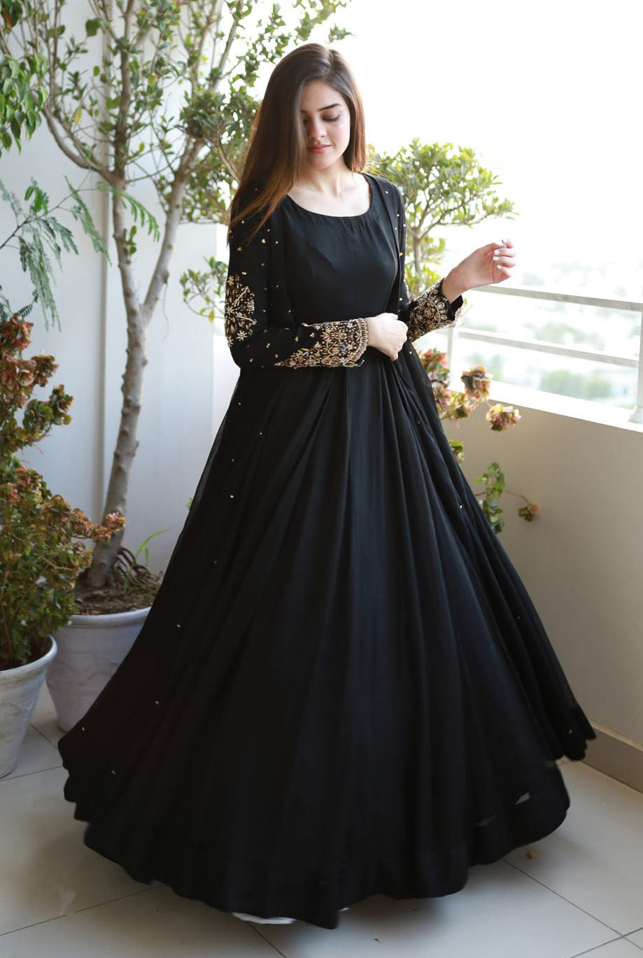 Women pearl embellished embroidered chiffon gown with shamose silk inner and trouser 3 piece stitched maxi suit