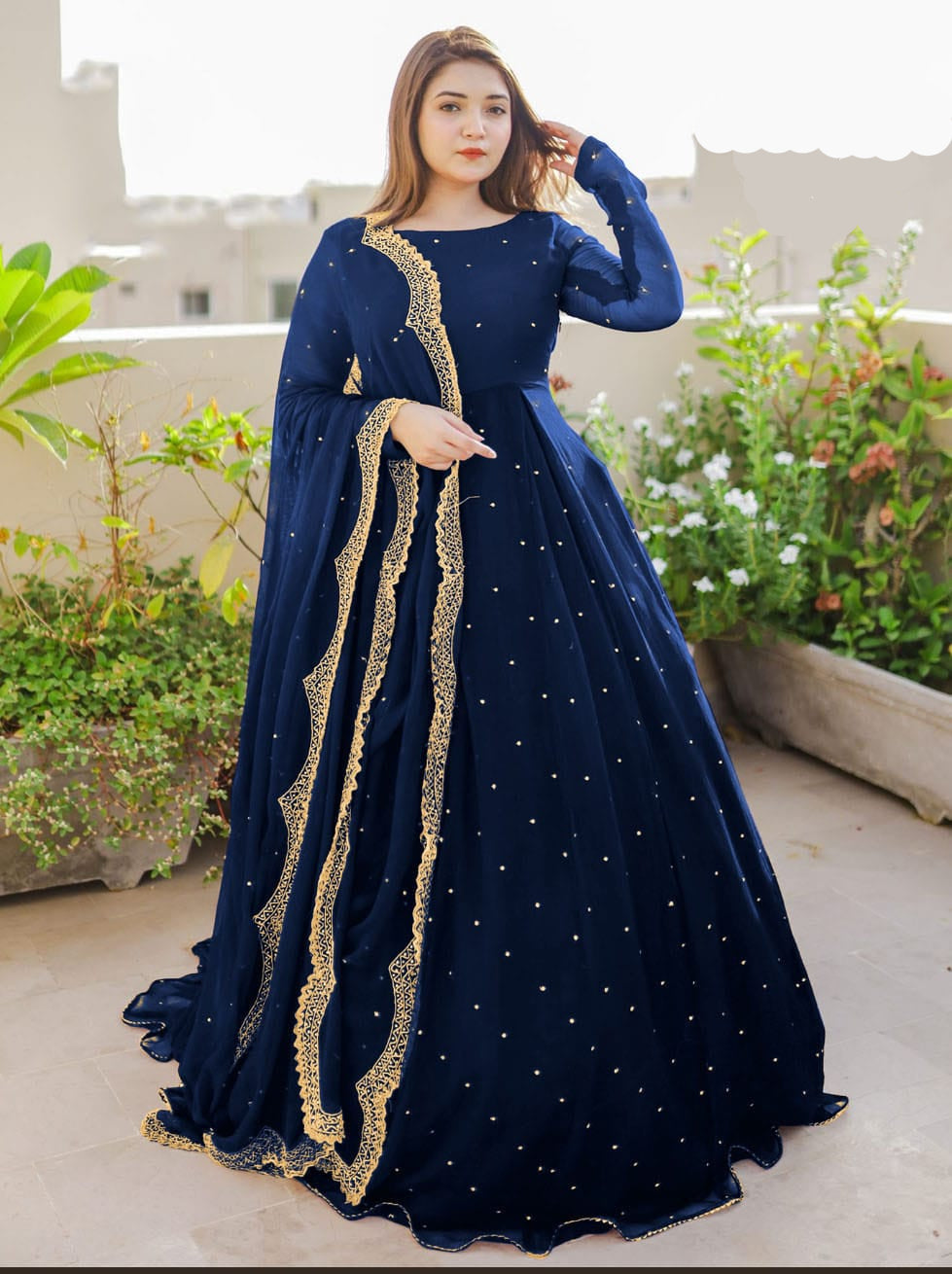 Women pearls and lace work long flare chiffon maxi with embroidered pearl dupatta and crepe trouser 3 piece stitched suit