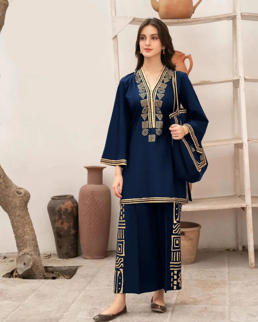 Women premium linen shirt with plazoo and handbag 3 piece stitched outfit
