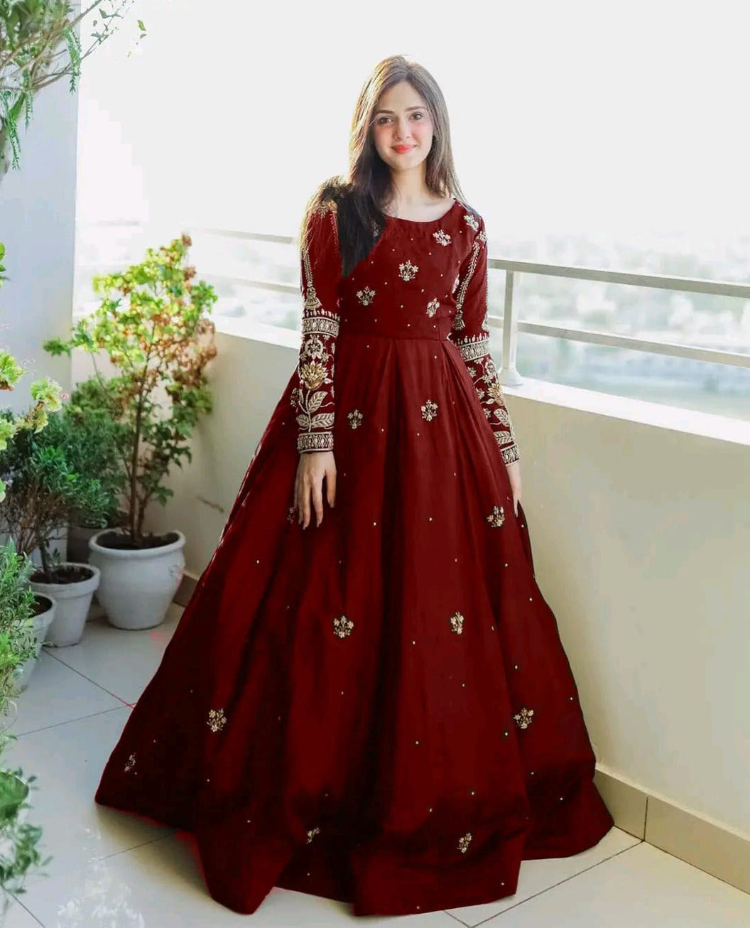 Women sequence boti embroidered chiffon maxi with thread zari work sleeves and crepe trouser 2 piece stitched suit