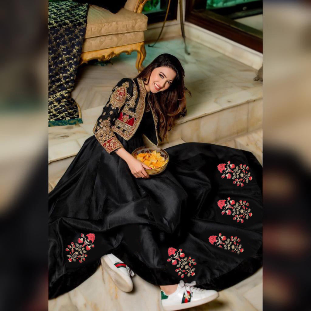 Women sleeveless embroidered silk maxi dress with separate embroidered koti 2 piece stitched suit