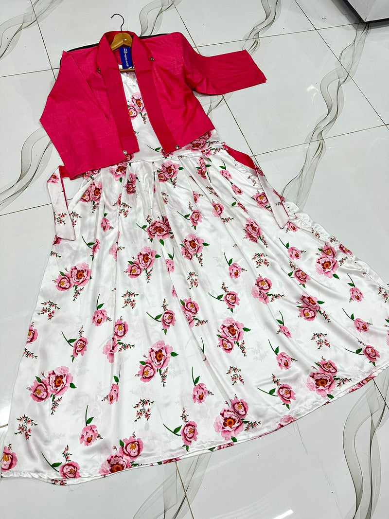 Women winter festival digital sleeveless long flare china silk maxi with belt and cotton koti 2 piece stitched outfit