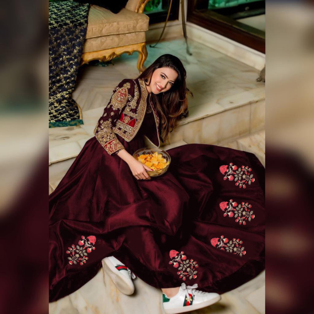 Women sleeveless embroidered silk maxi dress with separate embroidered koti 2 piece stitched suit
