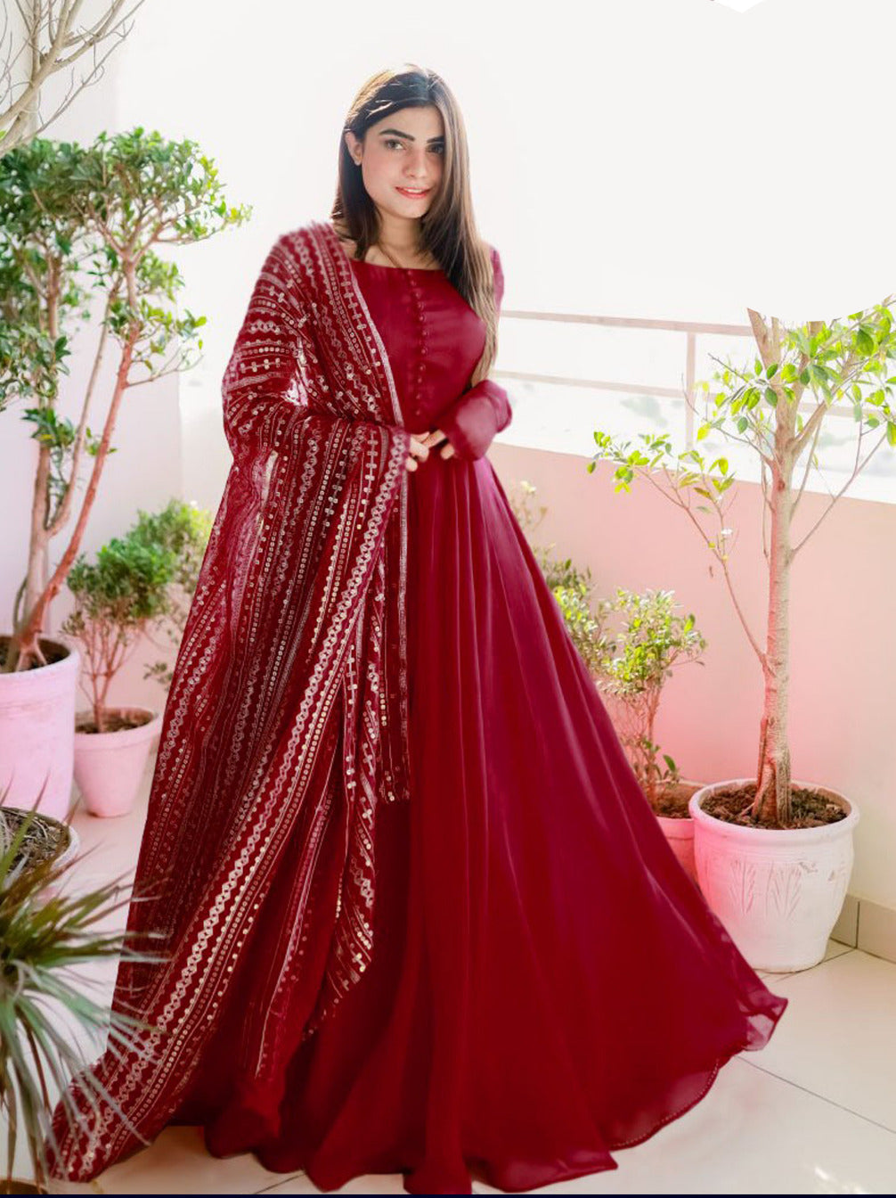 Women long flare chiffon maxi with handmade button kalli work and fully embroidered dupatta 3 piece stitched suit