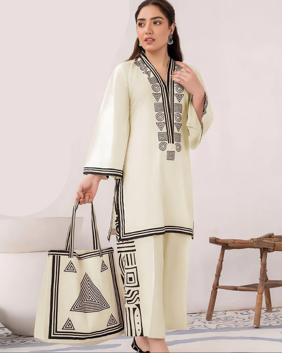 Women premium linen shirt with plazoo and handbag 3 piece stitched outfit