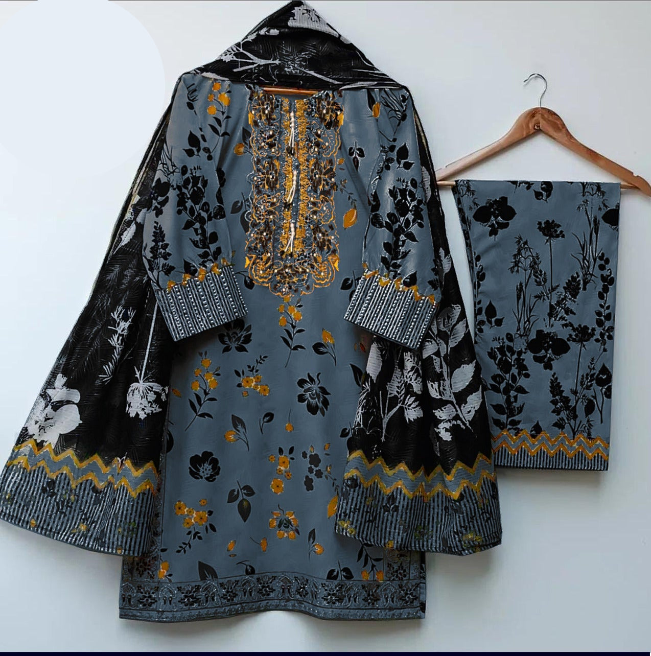 Eid 2026 digital printed embroidered shirt with tassels pearls flapper and dupatta 3 piece stitched suit