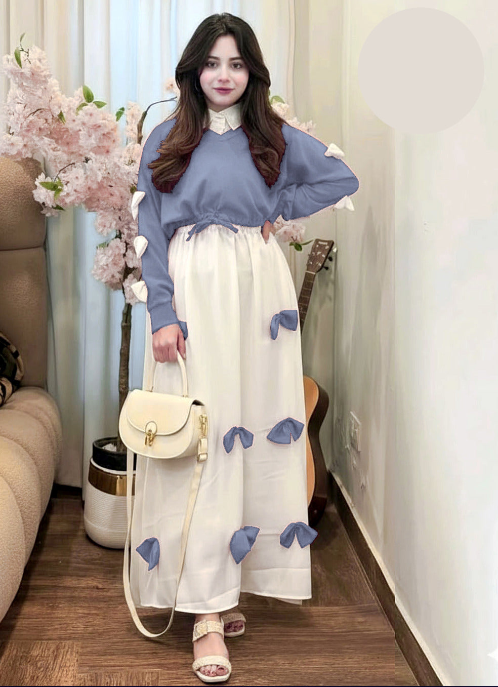 Trending Eid georgette V neck bow stitched top with contrast bow long flare maxi 2 piece stitched outfit