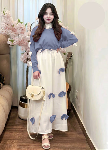 Trending Eid georgette V neck bow stitched top with contrast bow long flare maxi 2 piece stitched outfit