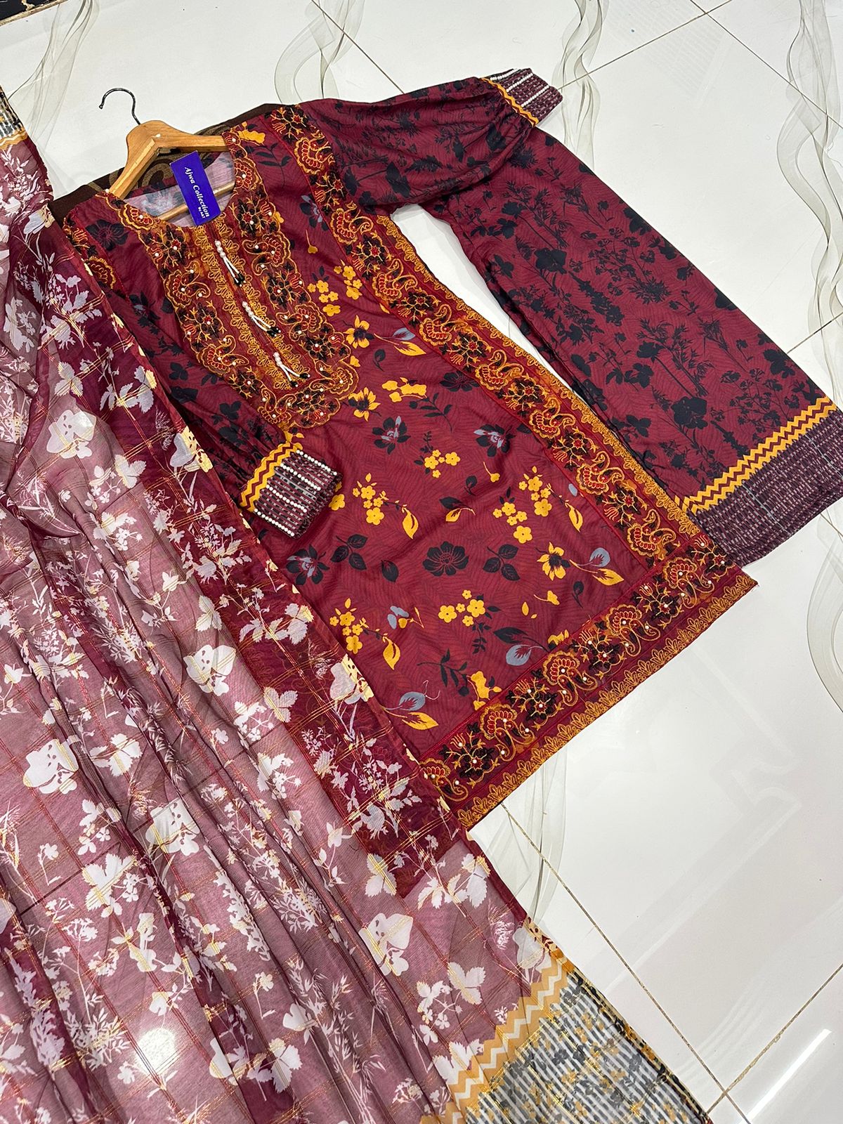 Eid 2026 digital printed embroidered shirt with tassels pearls flapper and dupatta 3 piece stitched suit