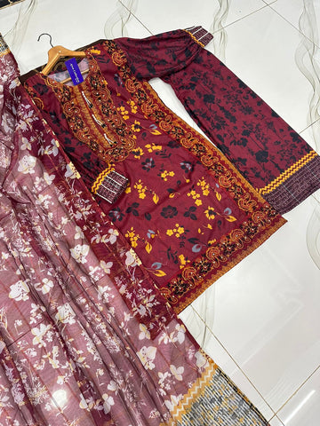 Eid 2026 digital printed embroidered shirt with tassels pearls flapper and dupatta 3 piece stitched suit