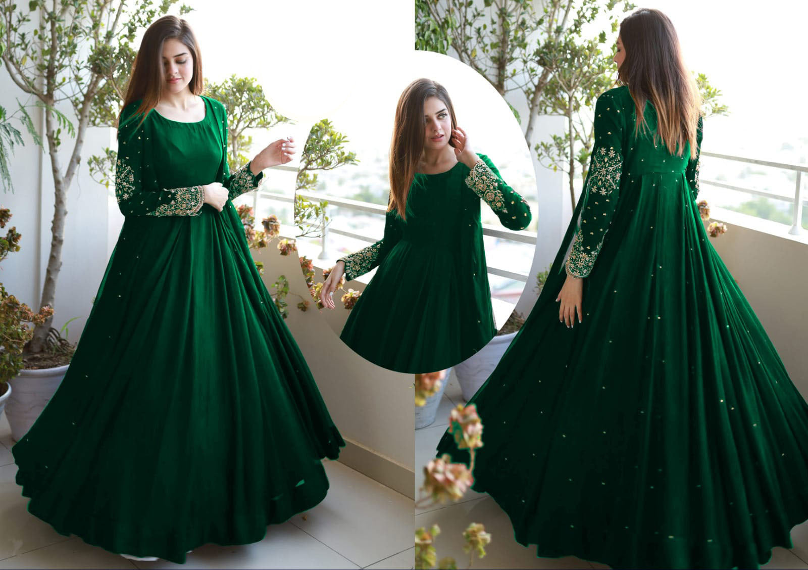Women pearl embellished embroidered chiffon gown with shamose silk inner and trouser 3 piece stitched maxi suit