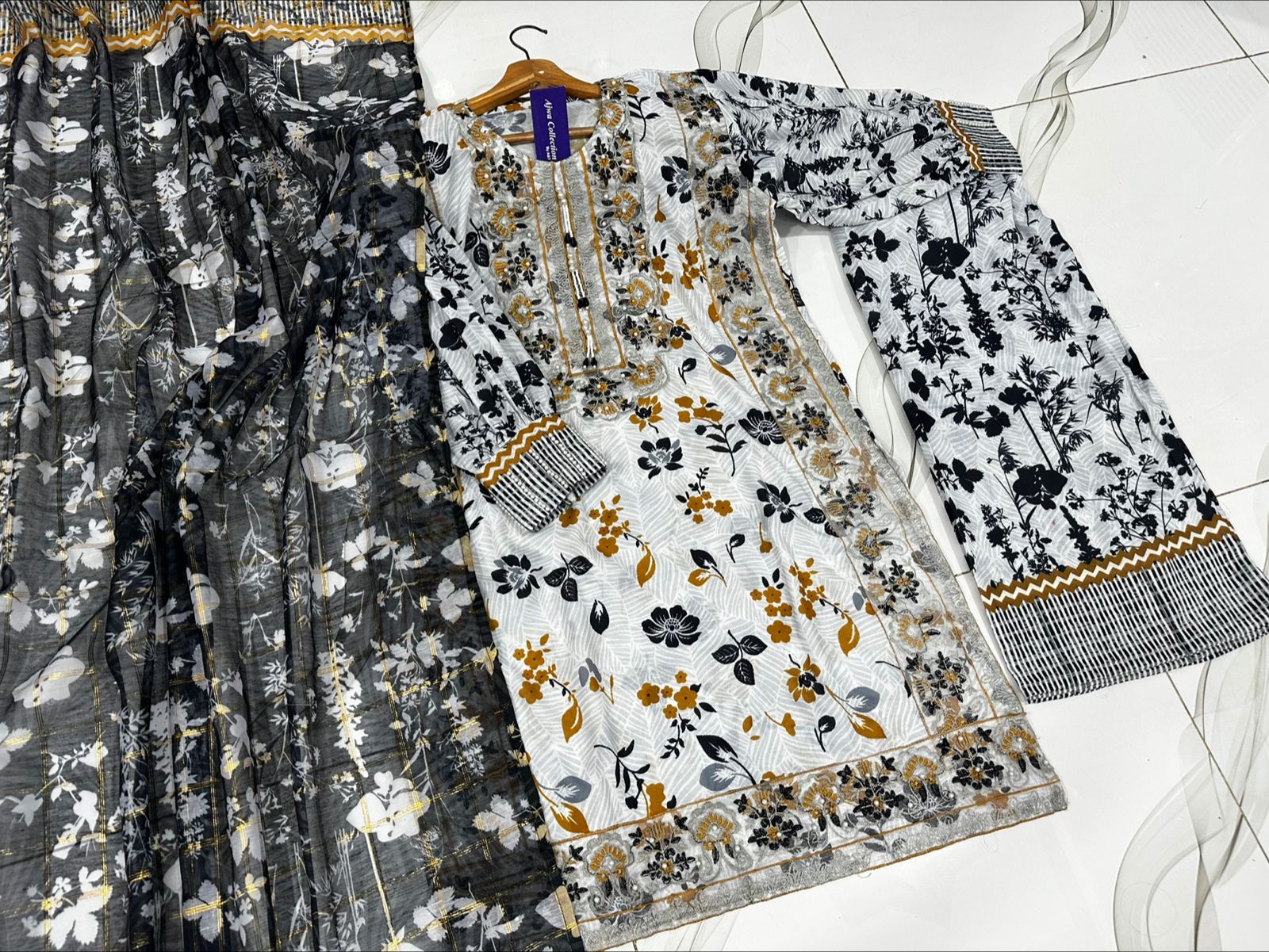Eid 2026 digital printed embroidered shirt with tassels pearls flapper and dupatta 3 piece stitched suit