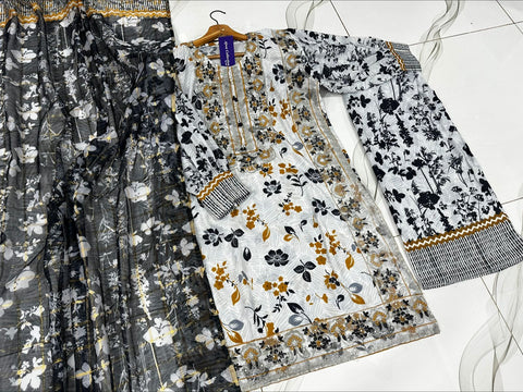 Eid 2026 digital printed embroidered shirt with tassels pearls flapper and dupatta 3 piece stitched suit
