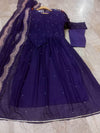 Women pearls and lace work long flare chiffon maxi with embroidered pearl dupatta and crepe trouser 3 piece stitched suit