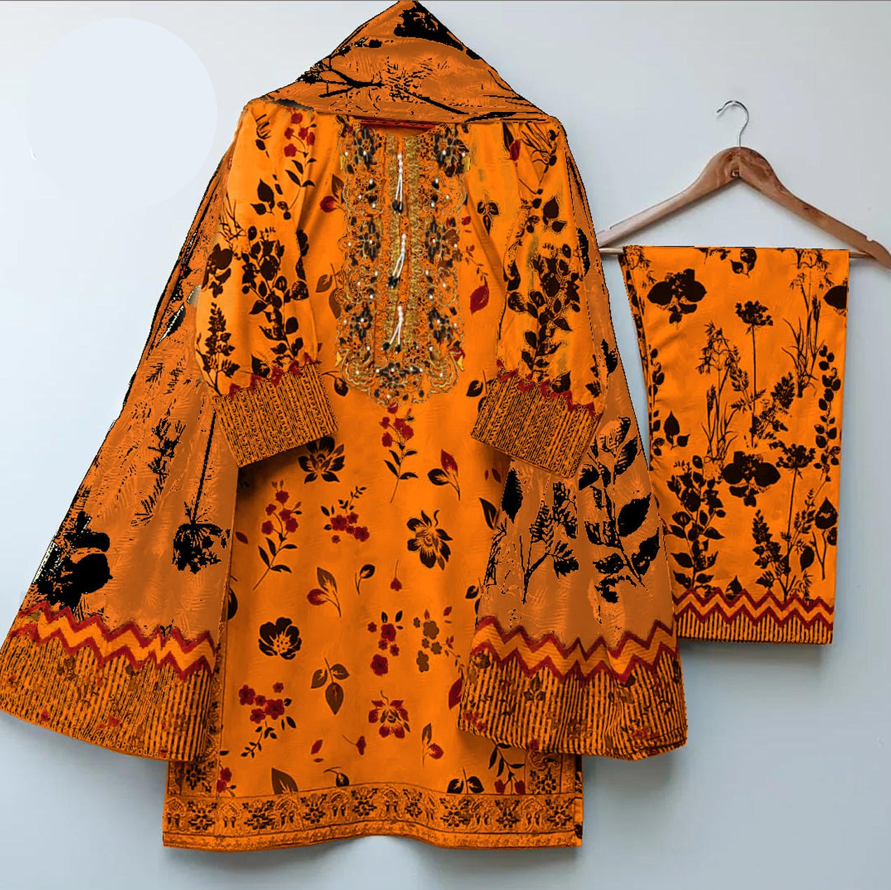Eid 2026 digital printed embroidered shirt with tassels pearls flapper and dupatta 3 piece stitched suit