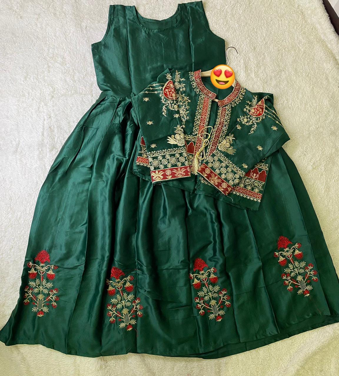 Women sleeveless embroidered silk maxi dress with separate embroidered koti 2 piece stitched suit