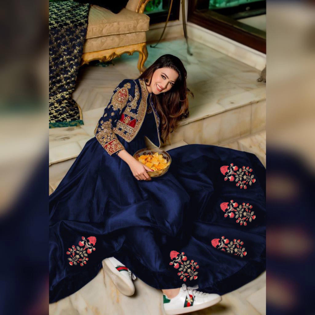 Women sleeveless embroidered silk maxi dress with separate embroidered koti 2 piece stitched suit