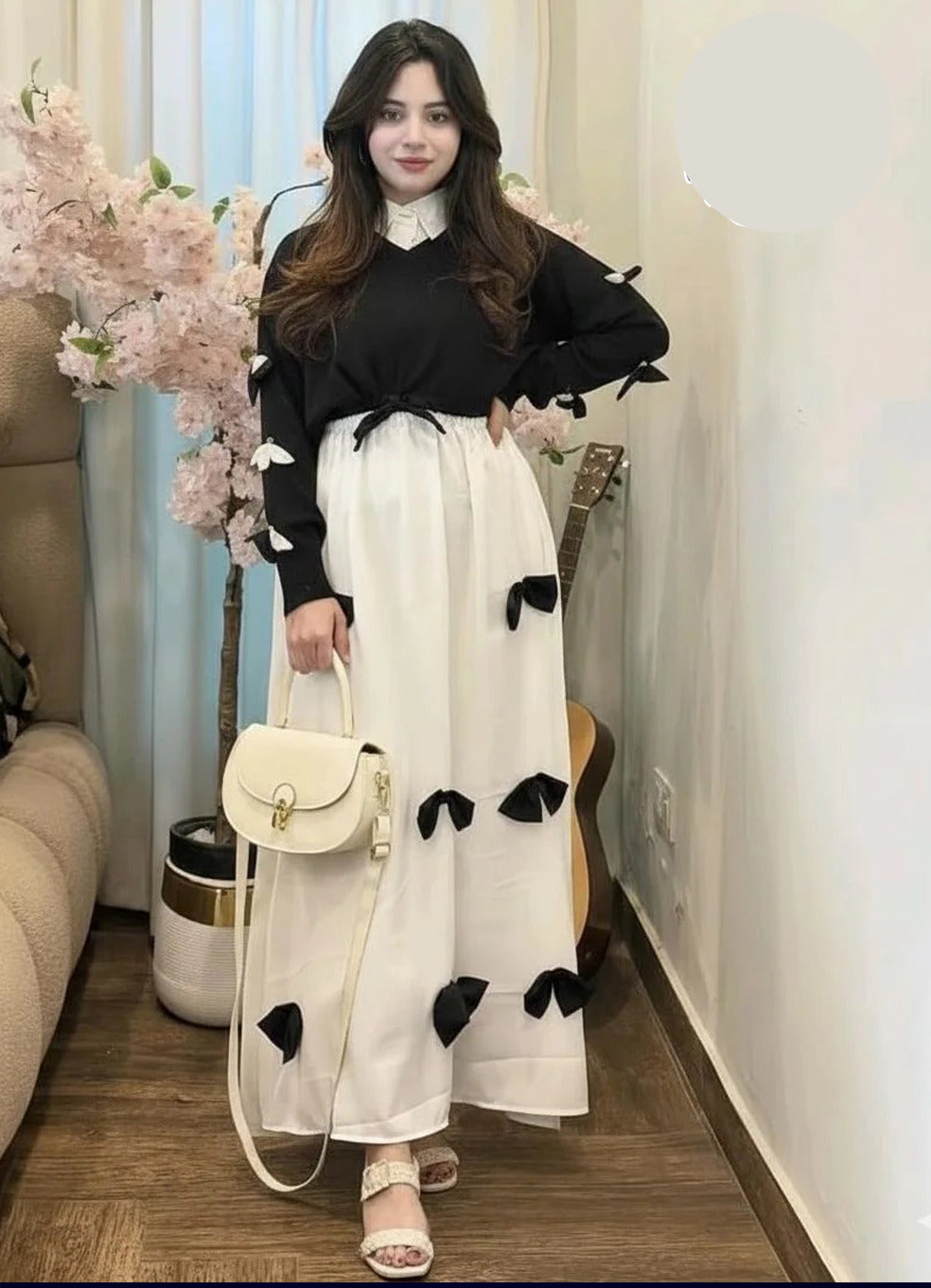 Trending Eid georgette V neck bow stitched top with contrast bow long flare maxi 2 piece stitched outfit