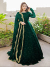 Women pearls and lace work long flare chiffon maxi with embroidered pearl dupatta and crepe trouser 3 piece stitched suit