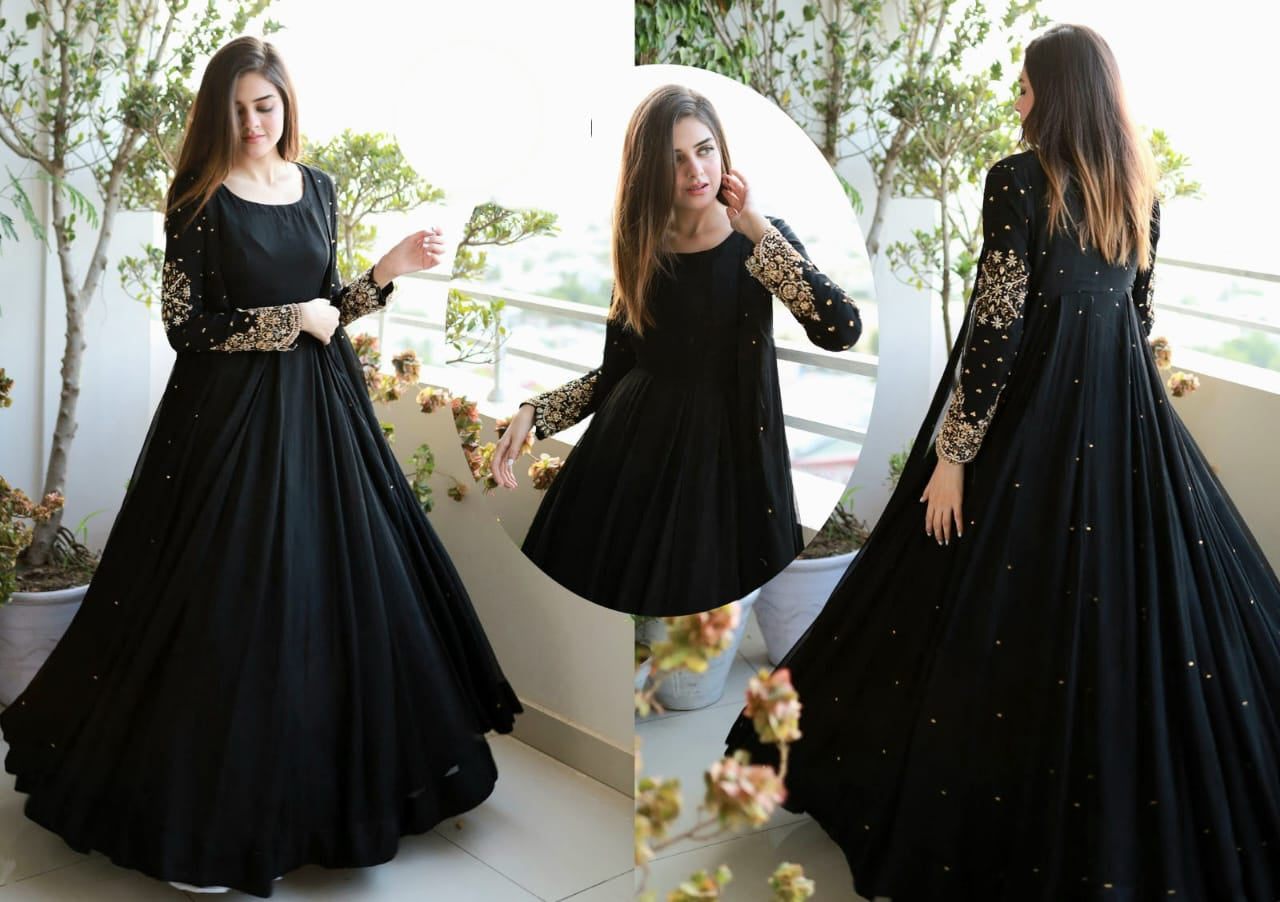 Women pearl embellished embroidered chiffon gown with shamose silk inner and trouser 3 piece stitched maxi suit