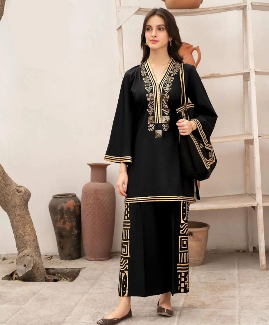 Women premium linen shirt with plazoo and handbag 3 piece stitched outfit