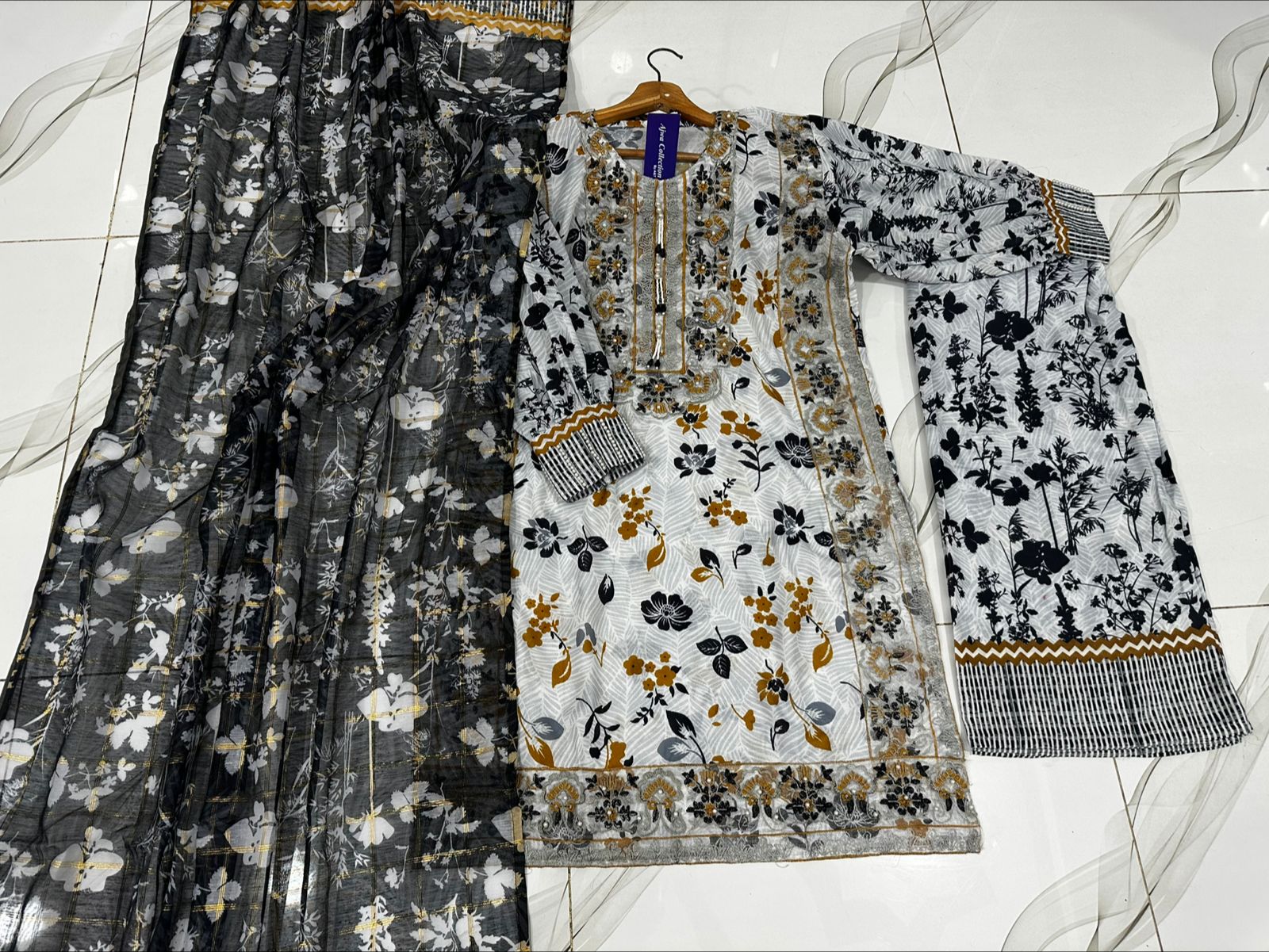 Eid 2026 digital printed embroidered shirt with tassels pearls flapper and dupatta 3 piece stitched suit