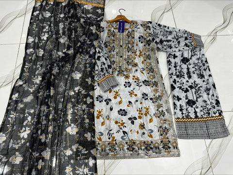 Eid 2026 digital printed embroidered shirt with tassels pearls flapper and dupatta 3 piece stitched suit