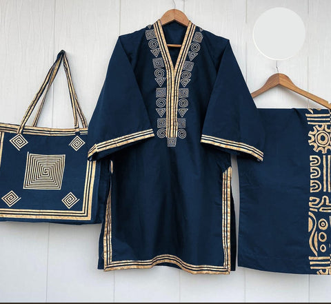 Women premium linen shirt with plazoo and handbag 3 piece stitched outfit
