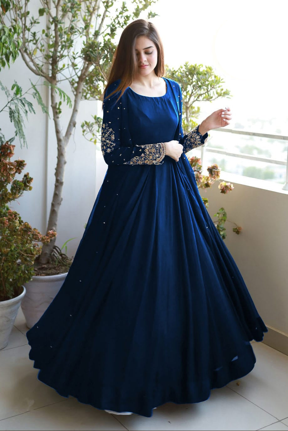 Women pearl embellished embroidered chiffon gown with shamose silk inner and trouser 3 piece stitched maxi suit