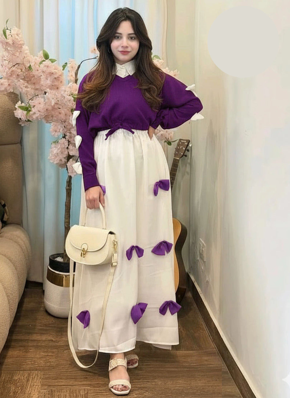 Trending Eid georgette V neck bow stitched top with contrast bow long flare maxi 2 piece stitched outfit