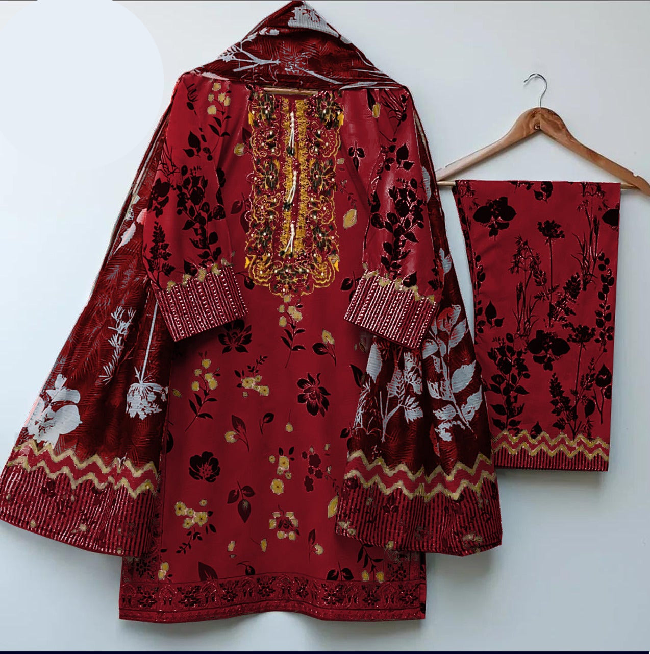 Eid 2026 digital printed embroidered shirt with tassels pearls flapper and dupatta 3 piece stitched suit