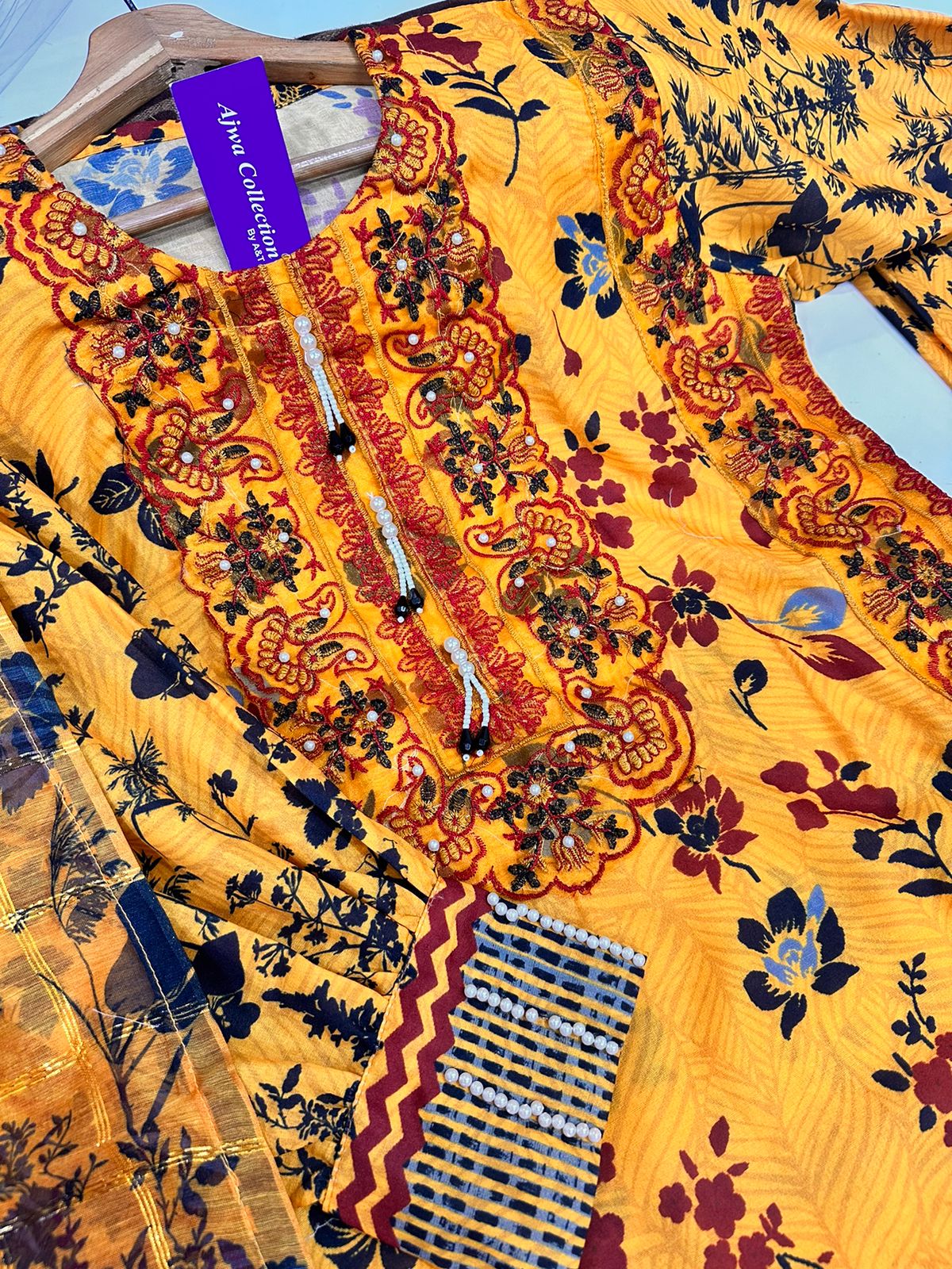 Eid 2026 digital printed embroidered shirt with tassels pearls flapper and dupatta 3 piece stitched suit